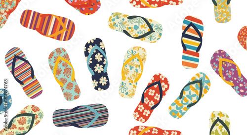 A colorful and vibrant collection of flip-flops with various patterns and designs arranged randomly.