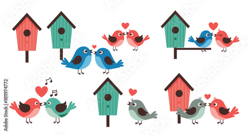 Cute collection of cartoon lovebirds and birdhouses with hearts representing love romance and valentine's day relationships.