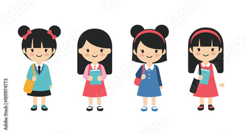 Set of four cute cartoon asian schoolgirls in different uniforms with backpacks and books ready for back to school time.