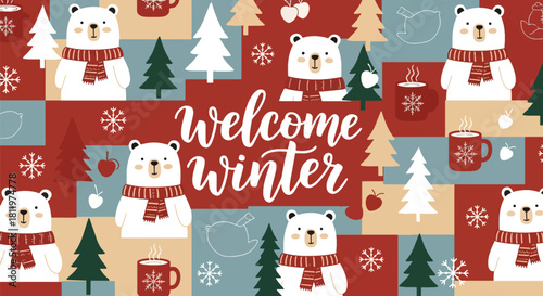Flat vector wallpaper featuring adorable winter bears wearing scarves with tiny snowflakes. Ideal for children’s décor, apparel prints, packaging, and cozy winter themes