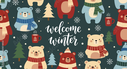 Flat vector wallpaper featuring adorable winter bears wearing scarves with tiny snowflakes. Ideal for children’s décor, apparel prints, packaging, and cozy winter themes