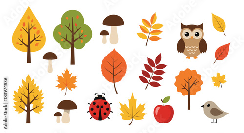 A cute collection of autumn forest elements including trees leaves an owl mushrooms and a ladybug isolated on a white background.