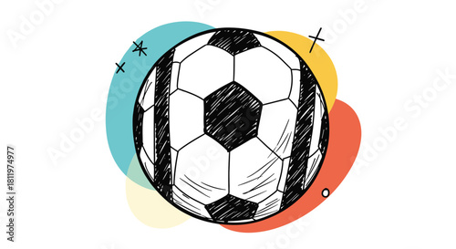 A modern and artistic hand-drawn soccer ball illustration with a dynamic sketch style on a colorful abstract background.