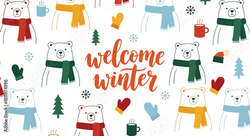 Flat vector wallpaper featuring adorable winter bears wearing scarves with tiny snowflakes. Ideal for children’s décor, apparel prints, packaging, and cozy winter themes