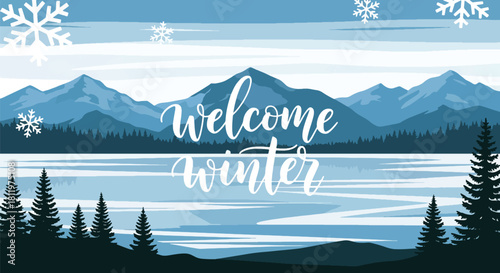Flat vector winter wallpaper of icy mountains and frozen lake under falling snow. Ideal for travel themes, scenic wallpapers, seasonal branding, and winter illustration sets