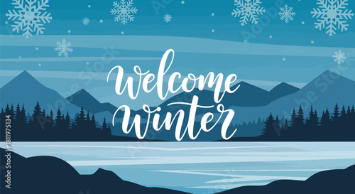 Flat vector winter wallpaper of icy mountains and frozen lake under falling snow. Ideal for travel themes, scenic wallpapers, seasonal branding, and winter illustration sets