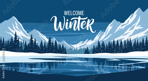 Flat vector winter wallpaper of icy mountains and frozen lake under falling snow. Ideal for travel themes, scenic wallpapers, seasonal branding, and winter illustration sets