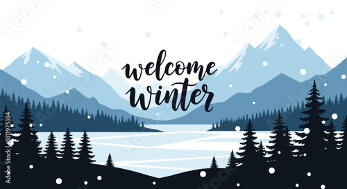 Flat vector winter wallpaper of icy mountains and frozen lake under falling snow. Ideal for travel themes, scenic wallpapers, seasonal branding, and winter illustration sets