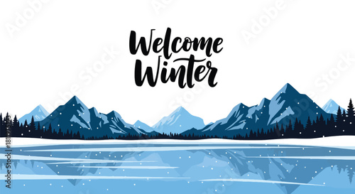 Flat vector winter wallpaper of icy mountains and frozen lake under falling snow. Ideal for travel themes, scenic wallpapers, seasonal branding, and winter illustration sets