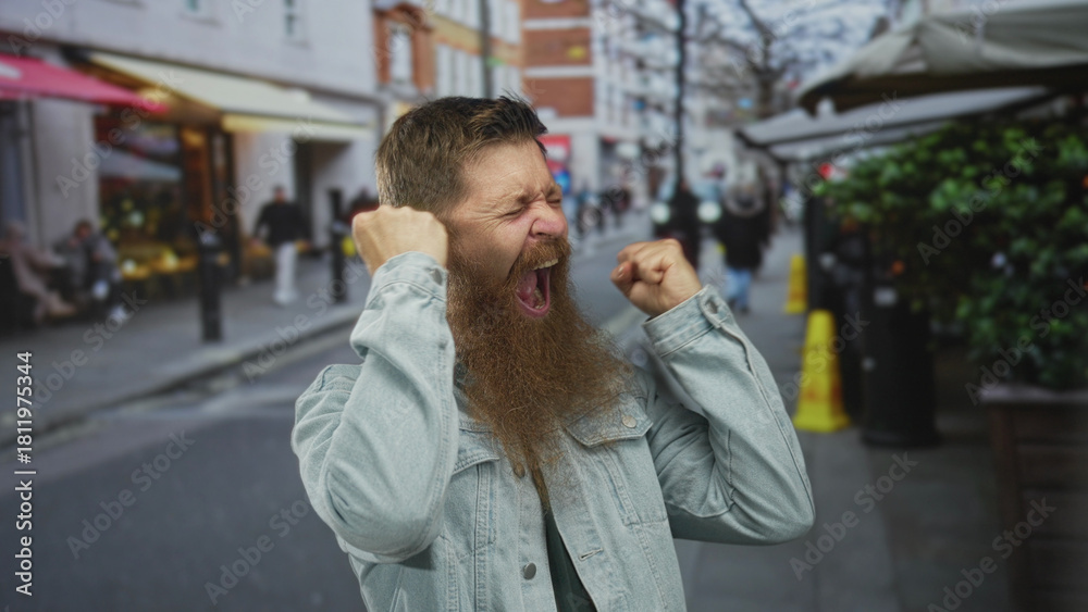 Fototapeta premium Young caucasian man with long beard wearing denim jacket raising clenched fists on city street; victory celebration triumph joy.