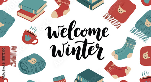 Flat vector wallpaper with socks, blankets, books, and warm drinks in repeating cozy pattern. Ideal for lifestyle branding, packaging, winter décor, and homey seasonal designs