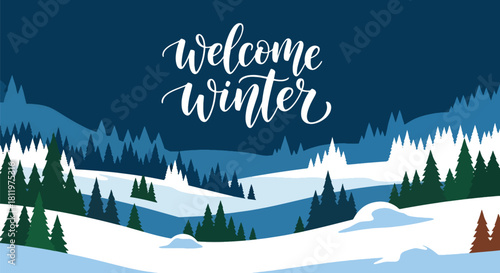 Flat vector wallpaper with snowy hills, trees, and falling snow arranged in border layout. Ideal for greeting cards, seasonal web backgrounds, and holiday decorative themes