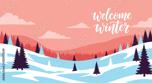 Flat vector wallpaper with snowy hills, trees, and falling snow arranged in border layout. Ideal for greeting cards, seasonal web backgrounds, and holiday decorative themes