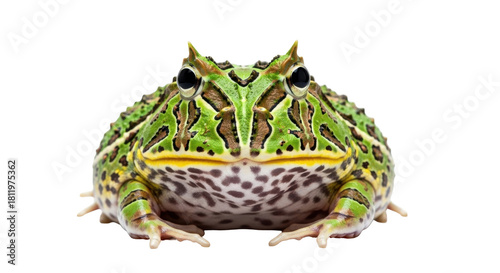 Bild auf Leinwand Isolated horned frog with green and brown markings, a pet amphibian with unusual