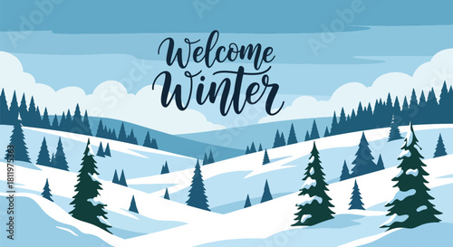 Flat vector wallpaper with snowy hills, trees, and falling snow arranged in border layout. Ideal for greeting cards, seasonal web backgrounds, and holiday decorative themes