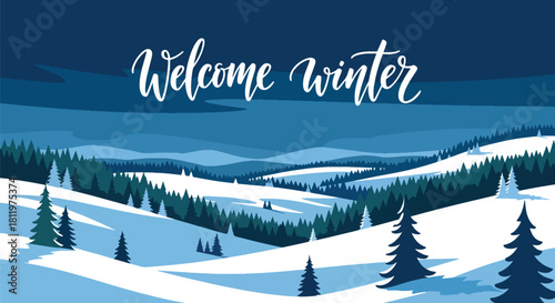 Flat vector wallpaper with snowy hills, trees, and falling snow arranged in border layout. Ideal for greeting cards, seasonal web backgrounds, and holiday decorative themes