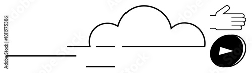 Cloud outline, hand gesture, and play button symbolizing digital access, cloud storage, and media streaming. Ideal for cloud computing, media playback, file access, technology innovation user