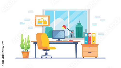Bright cartoon office setup with desk, computer and chair near the large window, illuminating workspace and adding a vibrant, cheerful ambiance. vetor icon
