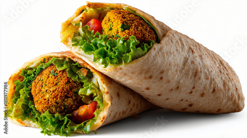 Two falafel wraps with lettuce isolated on white background