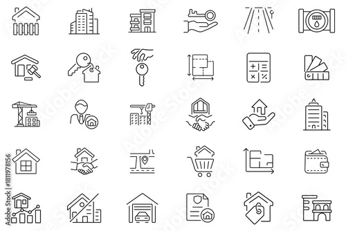 Real estate vector icon set. Investment, property, buying, renting, house, construction, return, leasing, building, road, hand key, house key and more. Vector illustration.