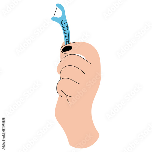 Flat style illustration of a hand holding a blue dental floss pick. Minimal clean design perfect for dental care, hygiene, oral health, medical and healthcare projects.