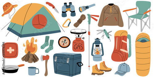 Colorful flat style camping gear set featuring tent, backpack, campfire, tools, lantern, stove, boots, and outdoor essentials. Perfect for travel, adventure, hiking and nature projects.