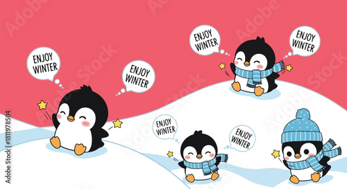 Kawaii penguin family sliding on snowy hills with sparkly flakes and “Enjoy Winter” bubbles. Ideal for children’s wallpapers, winter prints, seasonal décor, and holiday designs