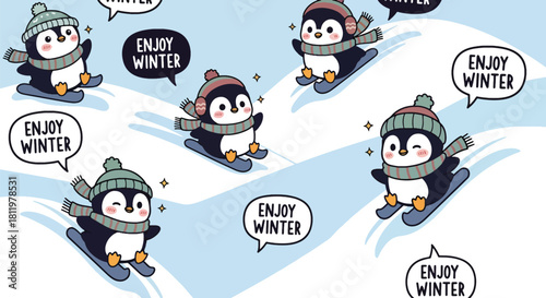 Kawaii penguin family sliding on snowy hills with sparkly flakes and “Enjoy Winter” bubbles. Ideal for children’s wallpapers, winter prints, seasonal décor, and holiday designs