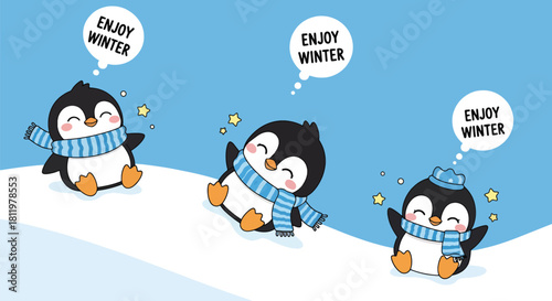 Kawaii penguin family sliding on snowy hills with sparkly flakes and “Enjoy Winter” bubbles. Ideal for children’s wallpapers, winter prints, seasonal décor, and holiday designs