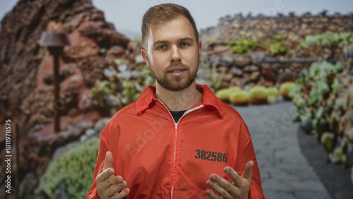 Young man in orange jumpsuit gesturing with hands in park, facing forward and speaking to camera; remorse redemption.