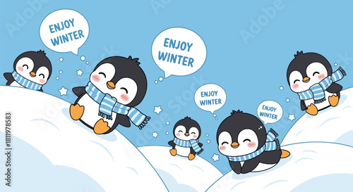 Kawaii penguin family sliding on snowy hills with sparkly flakes and “Enjoy Winter” bubbles. Ideal for children’s wallpapers, winter prints, seasonal décor, and holiday designs