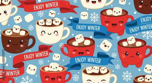 Smiling kawaii cocoa mugs with marshmallows and tiny “Enjoy Winter” ribbons in seamless layout. Ideal for packaging, cute holiday décor, kids’ patterns, and cozy winter themes
