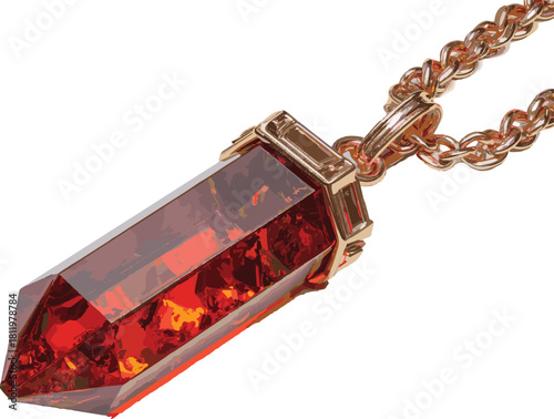 Red crystal pendant with gold chain isolated on