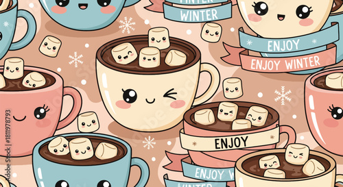 Smiling kawaii cocoa mugs with marshmallows and tiny “Enjoy Winter” ribbons in seamless layout. Ideal for packaging, cute holiday décor, kids’ patterns, and cozy winter themes