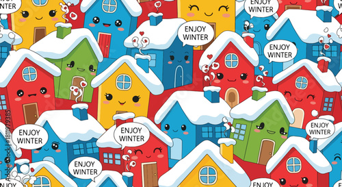 Chibi winter village with smiling houses, snowy roofs, and “Enjoy Winter” bubbles. Ideal for greeting cards, holiday backgrounds, kids’ décor, and seasonal wallpaper designs
