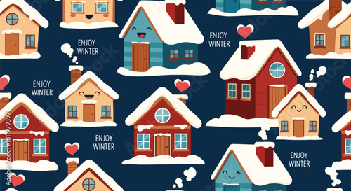 Chibi winter village with smiling houses, snowy roofs, and “Enjoy Winter” bubbles. Ideal for greeting cards, holiday backgrounds, kids’ décor, and seasonal wallpaper designs