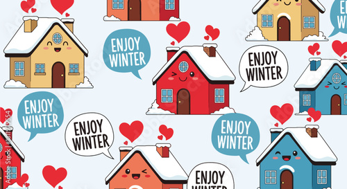 Chibi winter village with smiling houses, snowy roofs, and “Enjoy Winter” bubbles. Ideal for greeting cards, holiday backgrounds, kids’ décor, and seasonal wallpaper designs