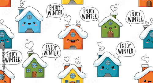 Chibi winter village with smiling houses, snowy roofs, and “Enjoy Winter” bubbles. Ideal for greeting cards, holiday backgrounds, kids’ décor, and seasonal wallpaper designs