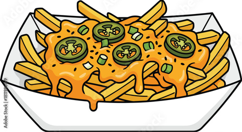 Flat Vector of Cheesy Loaded Fries in White Paper Boat with Melted Orange Cheese, Jalapeño, Spring Onion, Black Sesame in High-Contrast Colors for Fast Food and Snack Concept