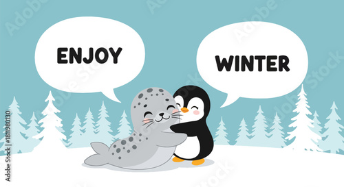 Kawaii seal and penguin hugging under falling snow with “Enjoy Winter” captions. Ideal for kids’ stationery, winter décor, cute merchandise, and seasonal character designs