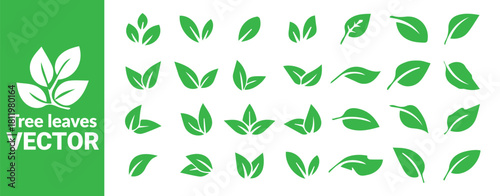 Collection of various green leaves, simple foliage icons for natural and organic designs