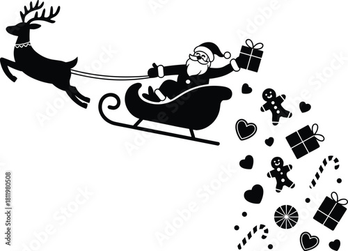 Santa Claus sleigh silhouette tossing gifts, festive Christmas scene with reindeer, candy canes, gingerbread, hearts, perfect for holiday cards, decor, seasonal clipart