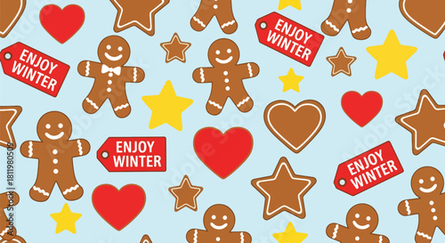 Smiling gingerbread cookies, stars, and hearts scattered with “Enjoy Winter” labels. Ideal for bakery themes, kids’ prints, holiday packaging, and sweet winter designs