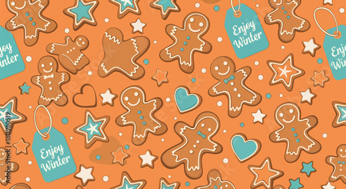 Smiling gingerbread cookies, stars, and hearts scattered with “Enjoy Winter” labels. Ideal for bakery themes, kids’ prints, holiday packaging, and sweet winter designs