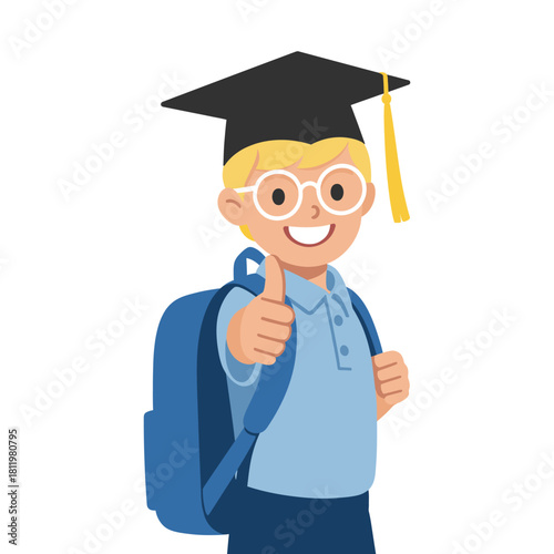 Smiling elementary student in a graduation cap and backpack, giving a thumbs-up, a vibrant flat vector animation character isolated on a clean background, ideal for educational concepts