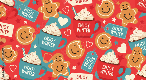 Smiling gingerbread cookies, stars, and hearts scattered with “Enjoy Winter” labels. Ideal for bakery themes, kids’ prints, holiday packaging, and sweet winter designs