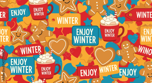 Smiling gingerbread cookies, stars, and hearts scattered with “Enjoy Winter” labels. Ideal for bakery themes, kids’ prints, holiday packaging, and sweet winter designs
