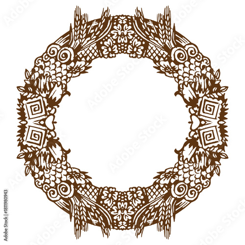 A round frame of hand-drawn floral and other decorative elements. Version 3. Vector illustration