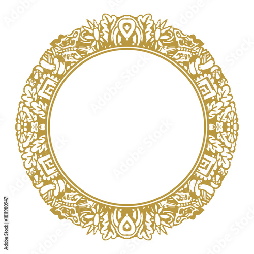Round golden frame made of decorative doodle elements. Vector illustration