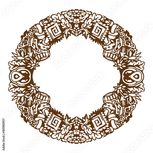 A round frame of hand-drawn floral and other decorative elements. Version 4. Vector illustration